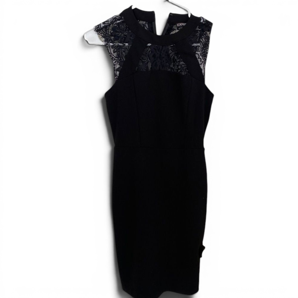 Express Dress Womens 0 Black Lace Inset Sheath High Neck Cutout Back Cocktail